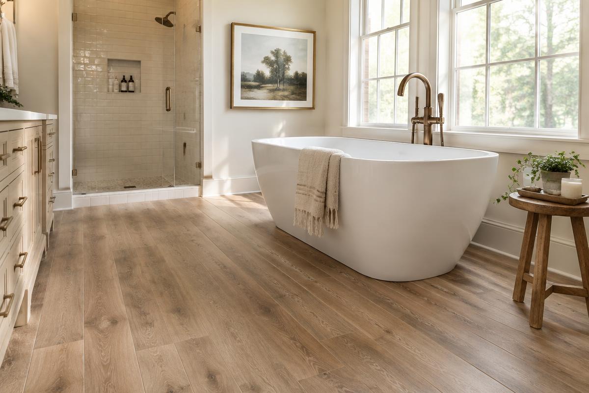 Illustration of a freestanding soaking tub on wood-look waterproof flooring