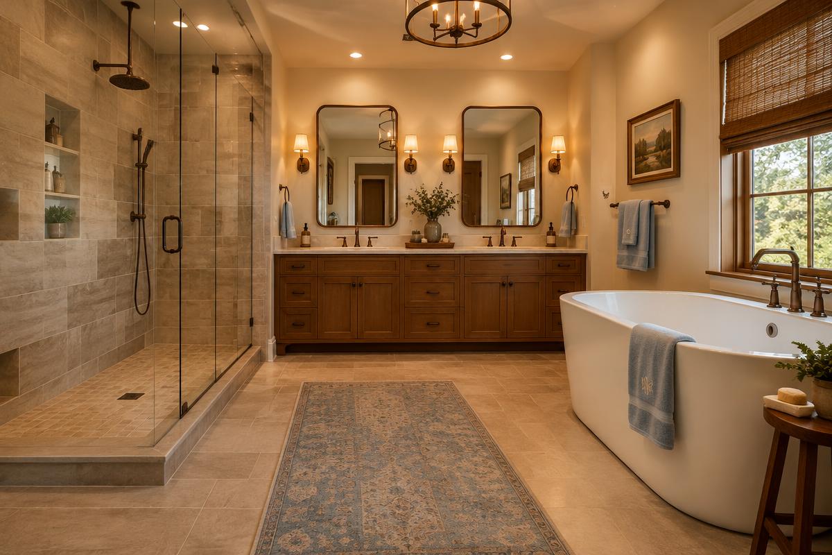 Illustration of a fully remodeled bathroom with walk-in shower, double vanity and soaking tub