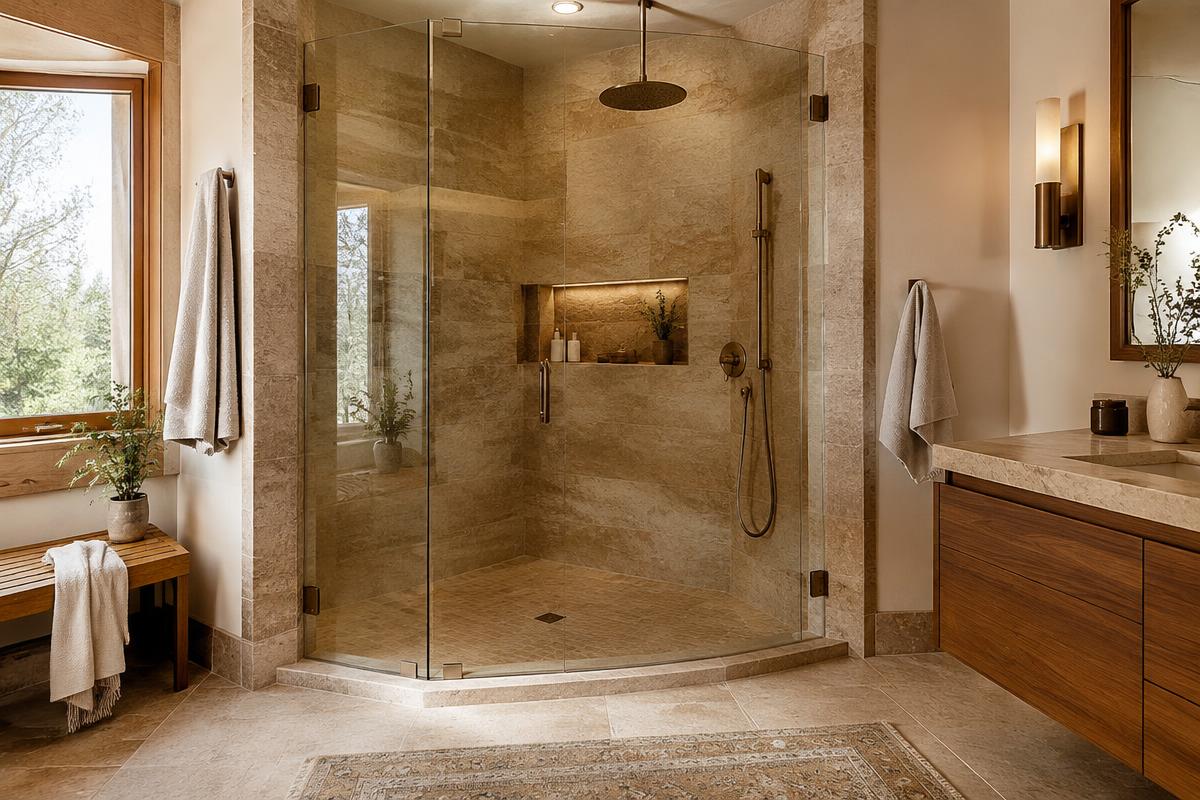 Illustration of a walk-in shower with warm tile, glass door and rainfall showerhead