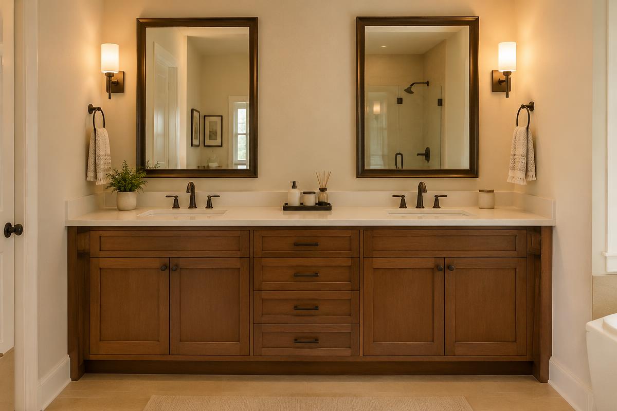 Illustration of a warm wood double vanity with quartz top and bronze fixtures