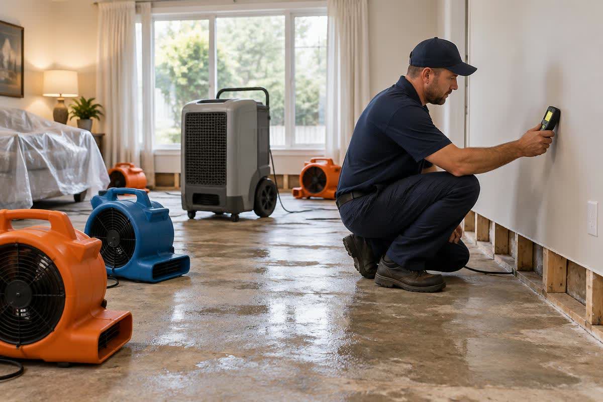 Illustration of air movers and a dehumidifier drying a water-damaged room