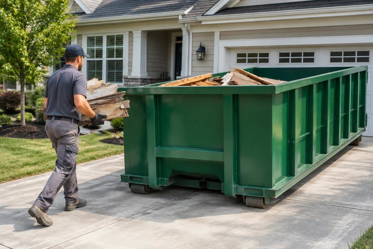 Illustration of a roll-off dumpster in a residential driveway