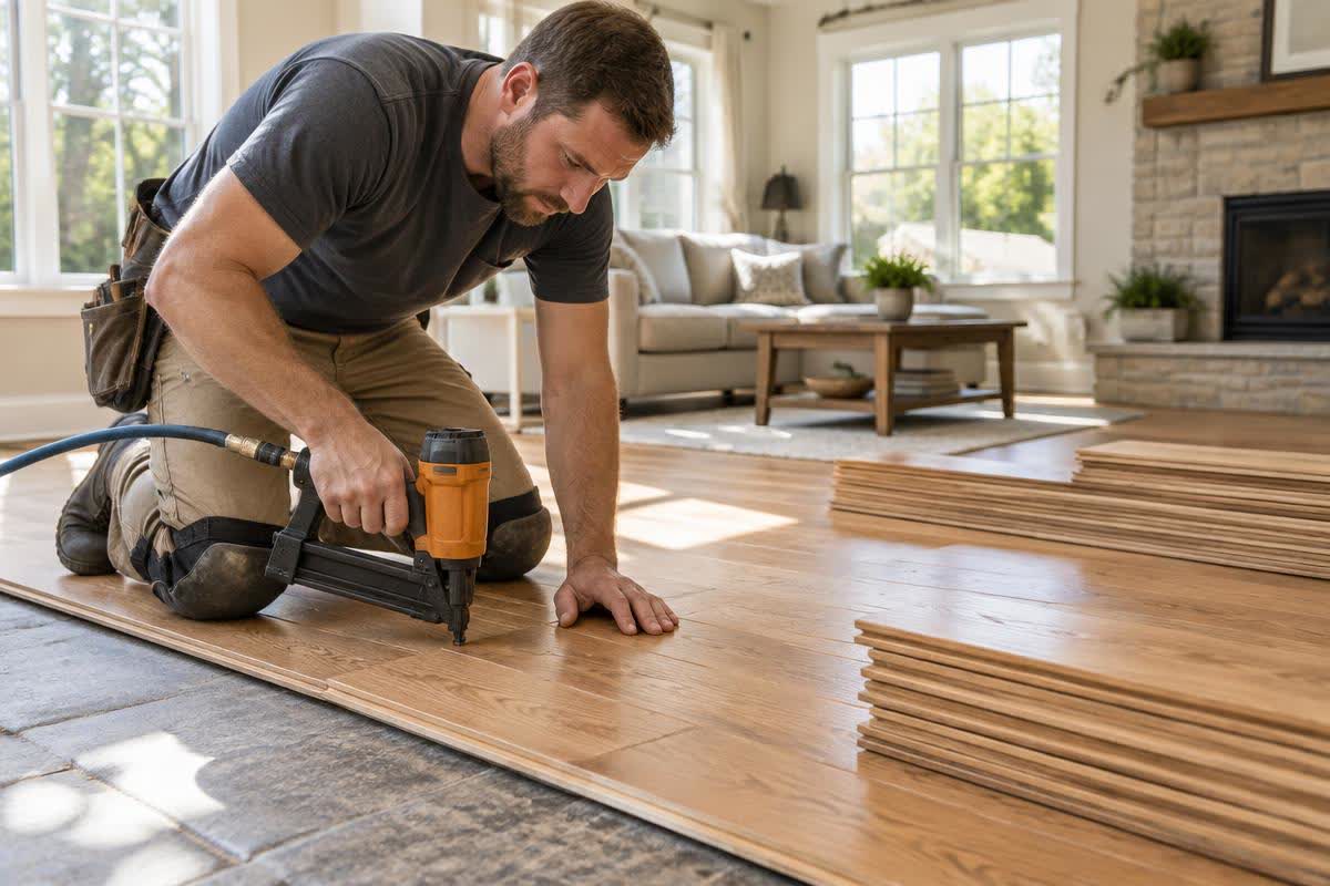 Illustration of an installer laying new oak flooring