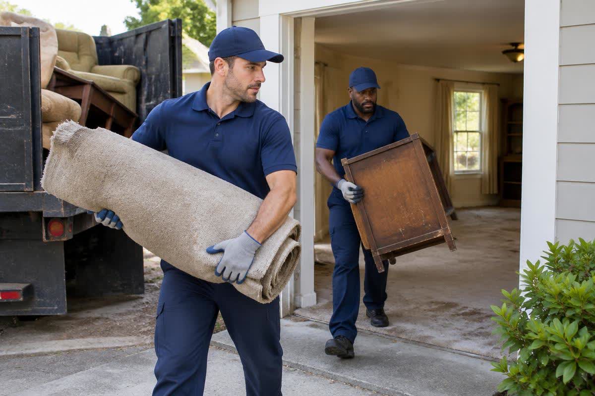 Illustration of workers hauling away old carpet and furniture