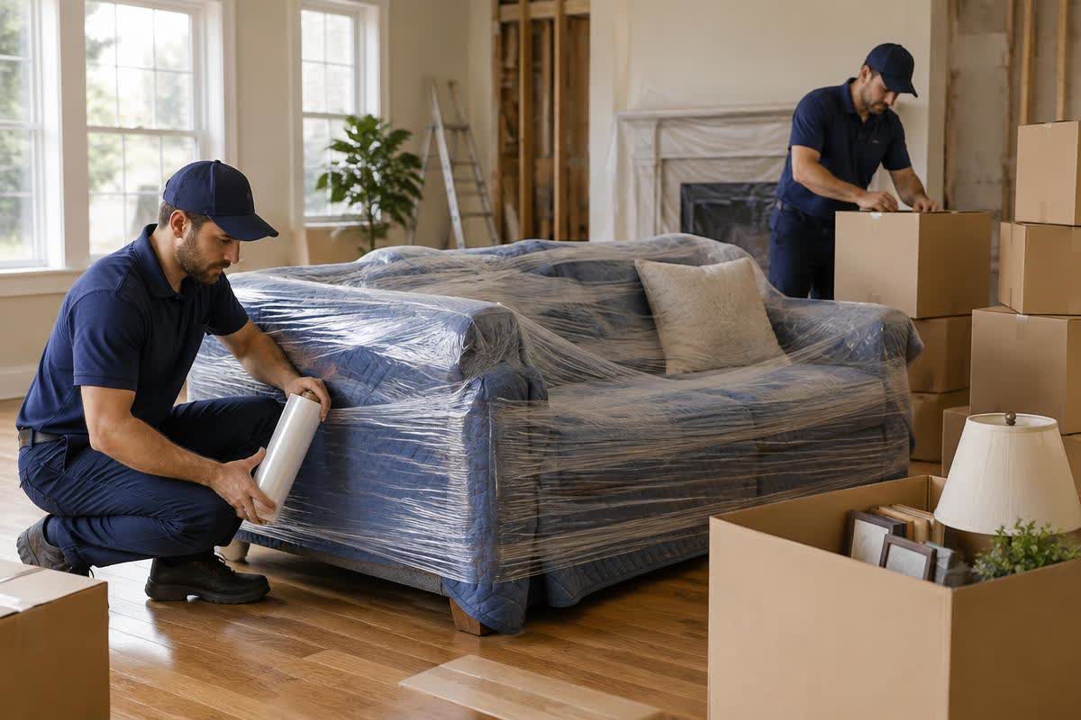 Illustration of movers wrapping furniture and boxing household contents