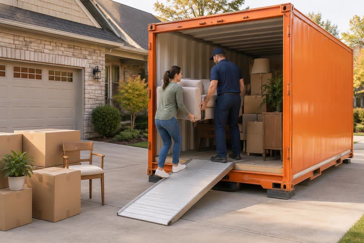 Illustration of a portable storage container being loaded in a driveway