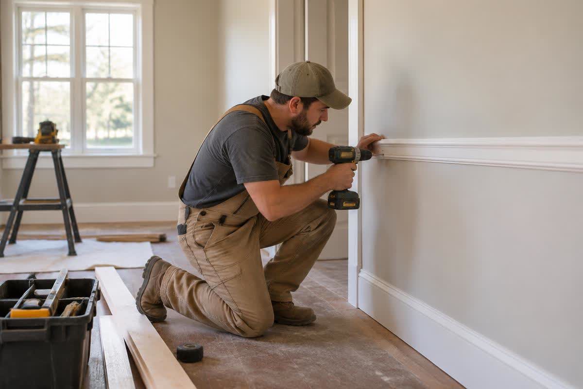 Illustration of a carpenter replacing trim after wall repairs