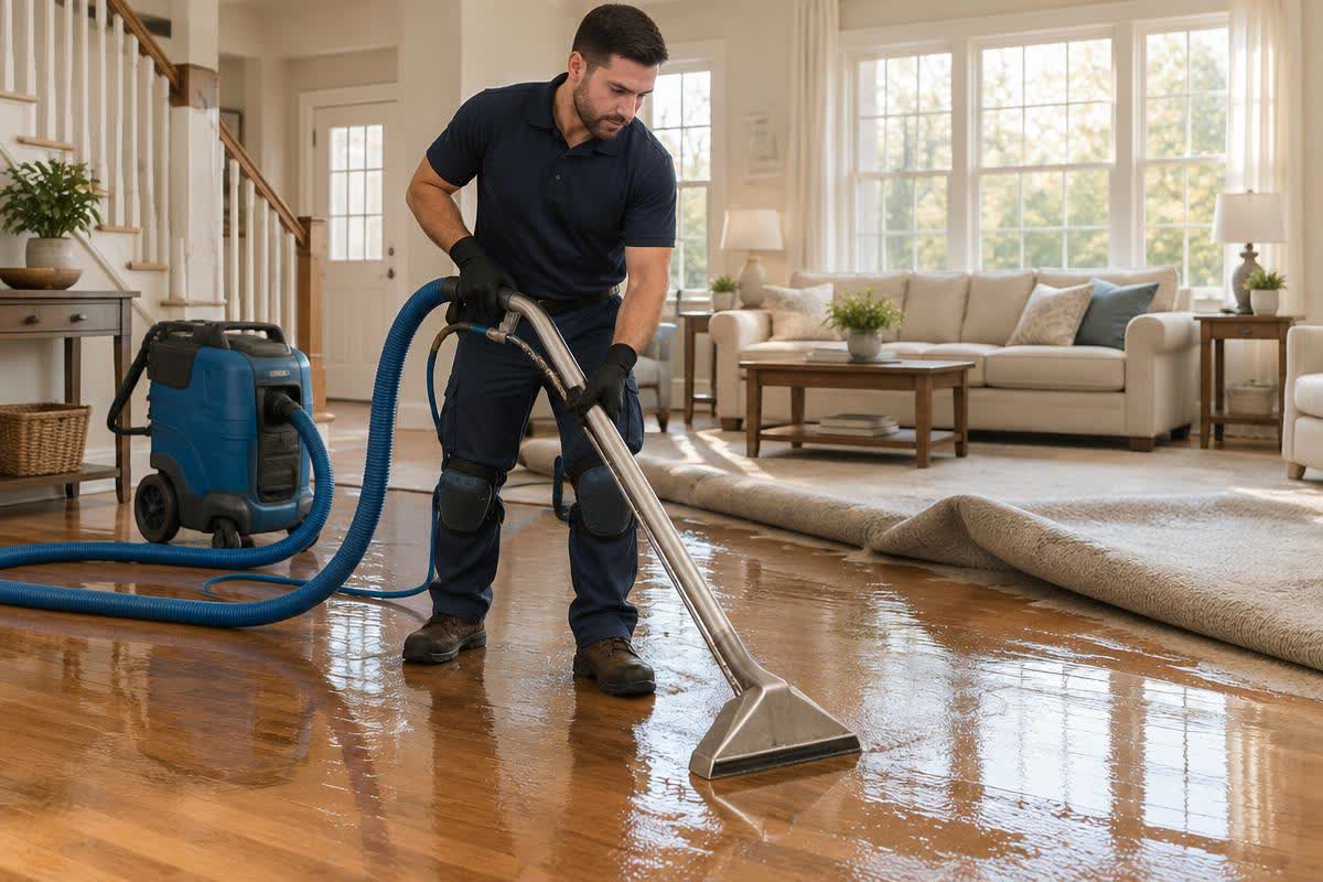 Illustration of a technician extracting standing water from a living room floor
