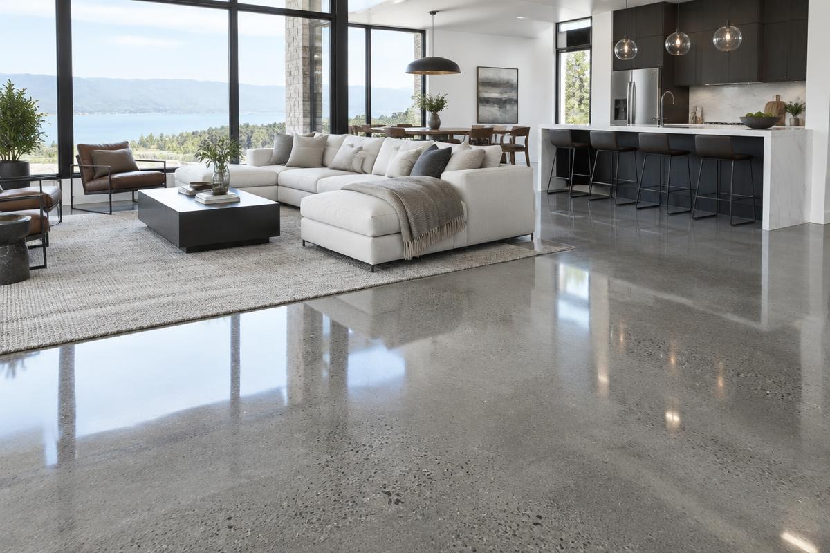 Illustration of a high-gloss mechanically polished concrete floor in a modern interior