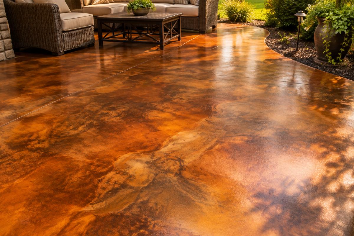 Illustration of a richly stained and sealed concrete patio in warm terra-cotta tones