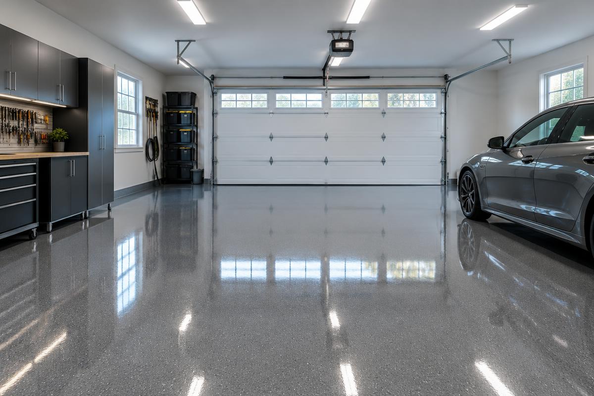 Illustration of a two-car garage with a glossy gray epoxy floor coating