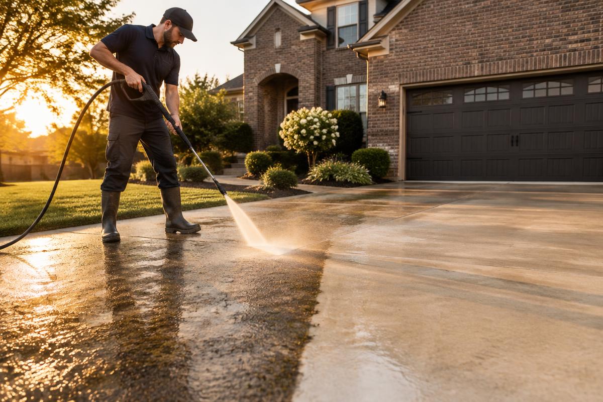 Illustration of a technician pressure washing a stained concrete driveway in front of a brick home