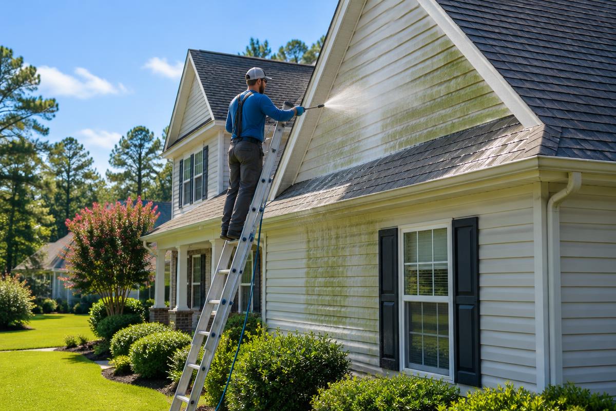 Illustration of a technician on a ladder soft washing mildew streaks from house siding