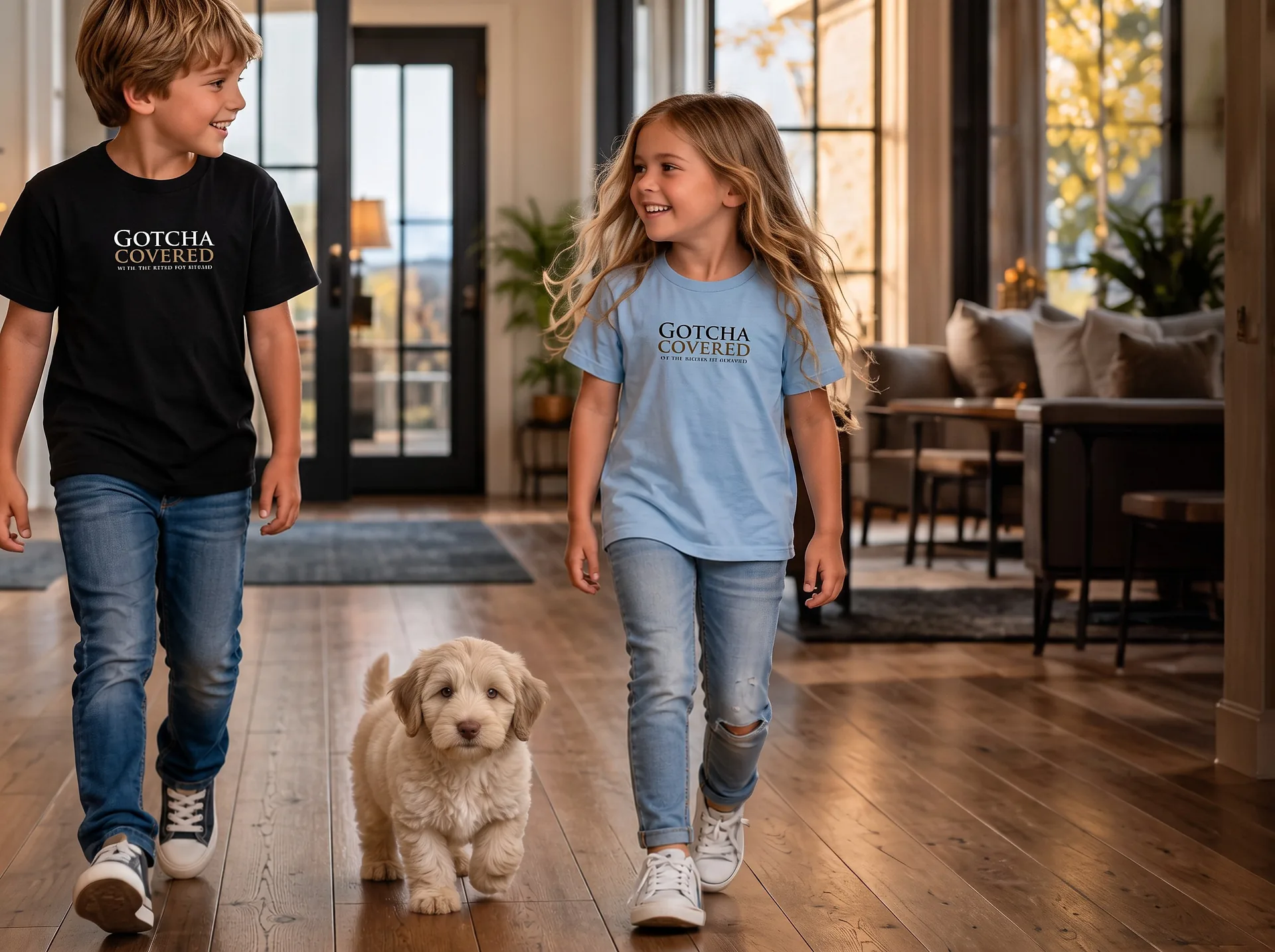 Two kids and their curly-haired dog Teddy in a renovated home