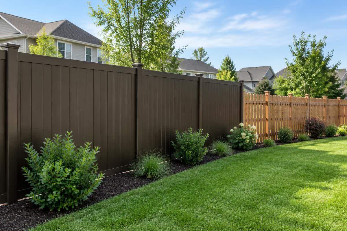 Illustration of a dark bronze privacy fence and wooden picket fence along a backyard
