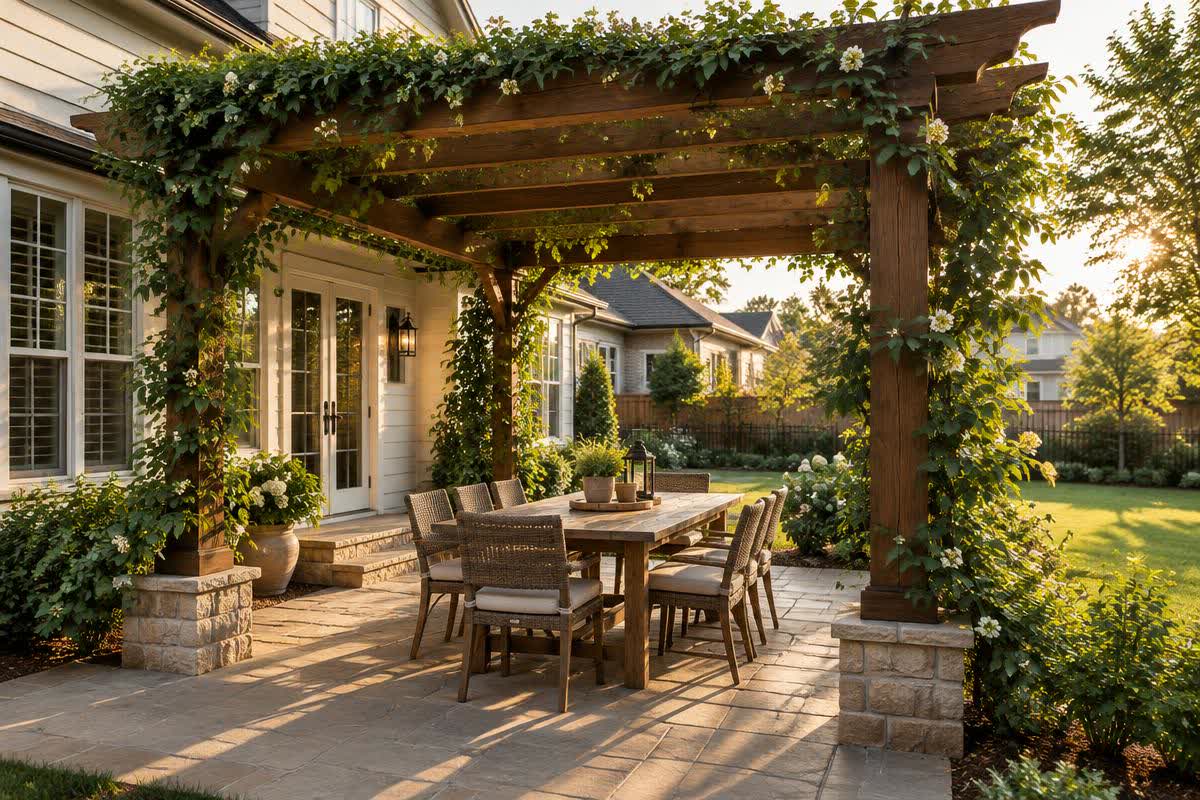 Illustration of a wooden pergola with climbing vines over a backyard dining table
