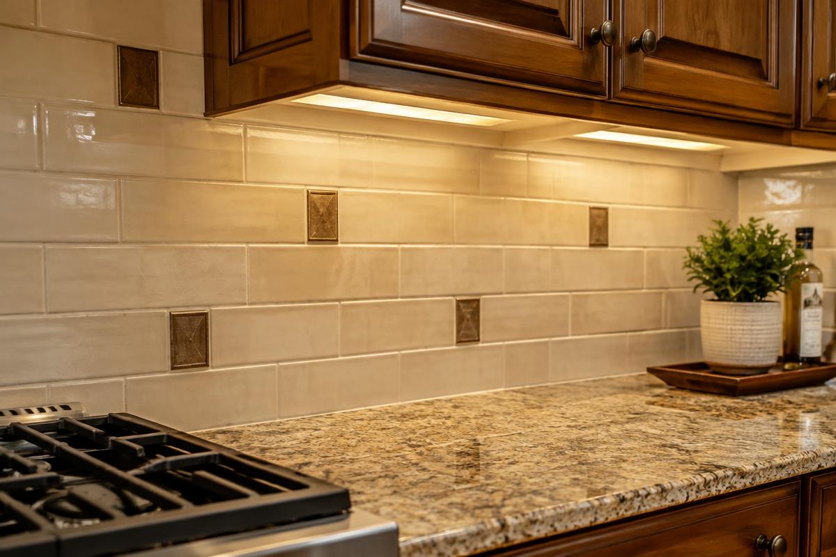 Illustration of a cream subway tile backsplash with bronze accent tiles over a granite counter