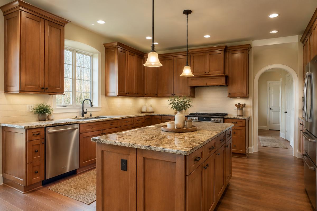 Illustration of a remodeled kitchen with warm wood shaker cabinets and an island