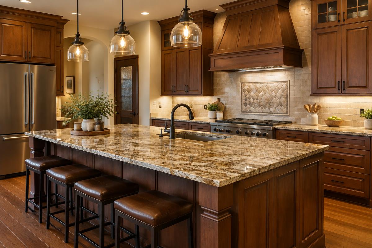 Illustration of a kitchen island with a polished granite countertop and pendant lights