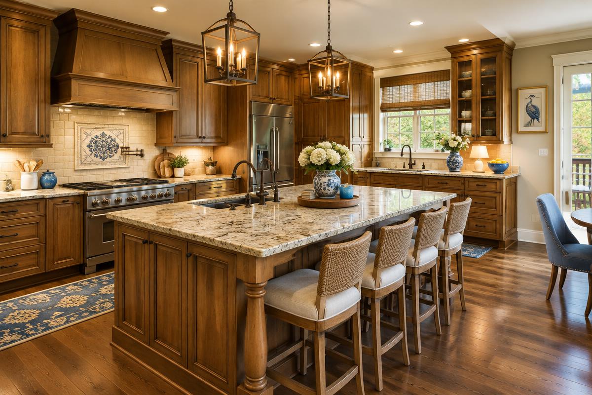 Illustrative renovated kitchen with warm cabinetry and new counters